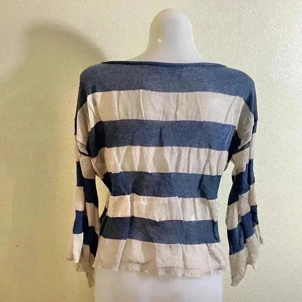 May Hsu OS (One Size) Crop Top Blue Cream Stripe Sheer Roll Boat Neck Pleat Det